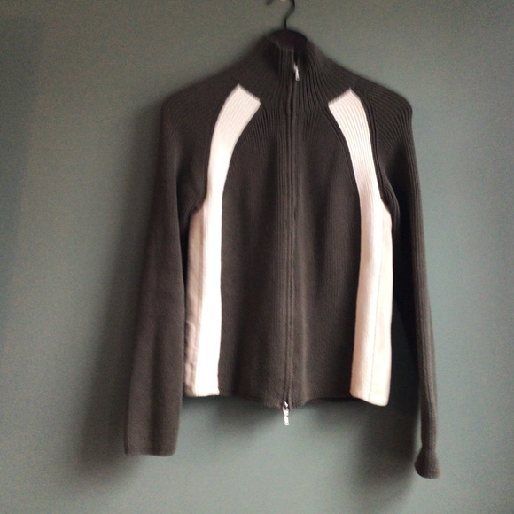 Ladies Full Zip sweater olive green with cream and tan panels size large - Picture 6 of 8